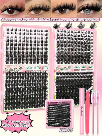 FQBFQB 490/200 piezas Kit de racimos de pestañas individuales con rizo D, con pegamento, pinzas, cepillo, de 9-18MM, ligero y reutilizable, esponjoso, suave, 4 estilos mixtos de alto rendimiento, adecuado para diferentes maquillajes, uso diario, para principiantes, regalo para mujeres