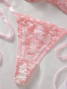 2件組女款粉色花卉刺繡透視網紗綁帶內衣套裝 - 粉色 - 查看 3