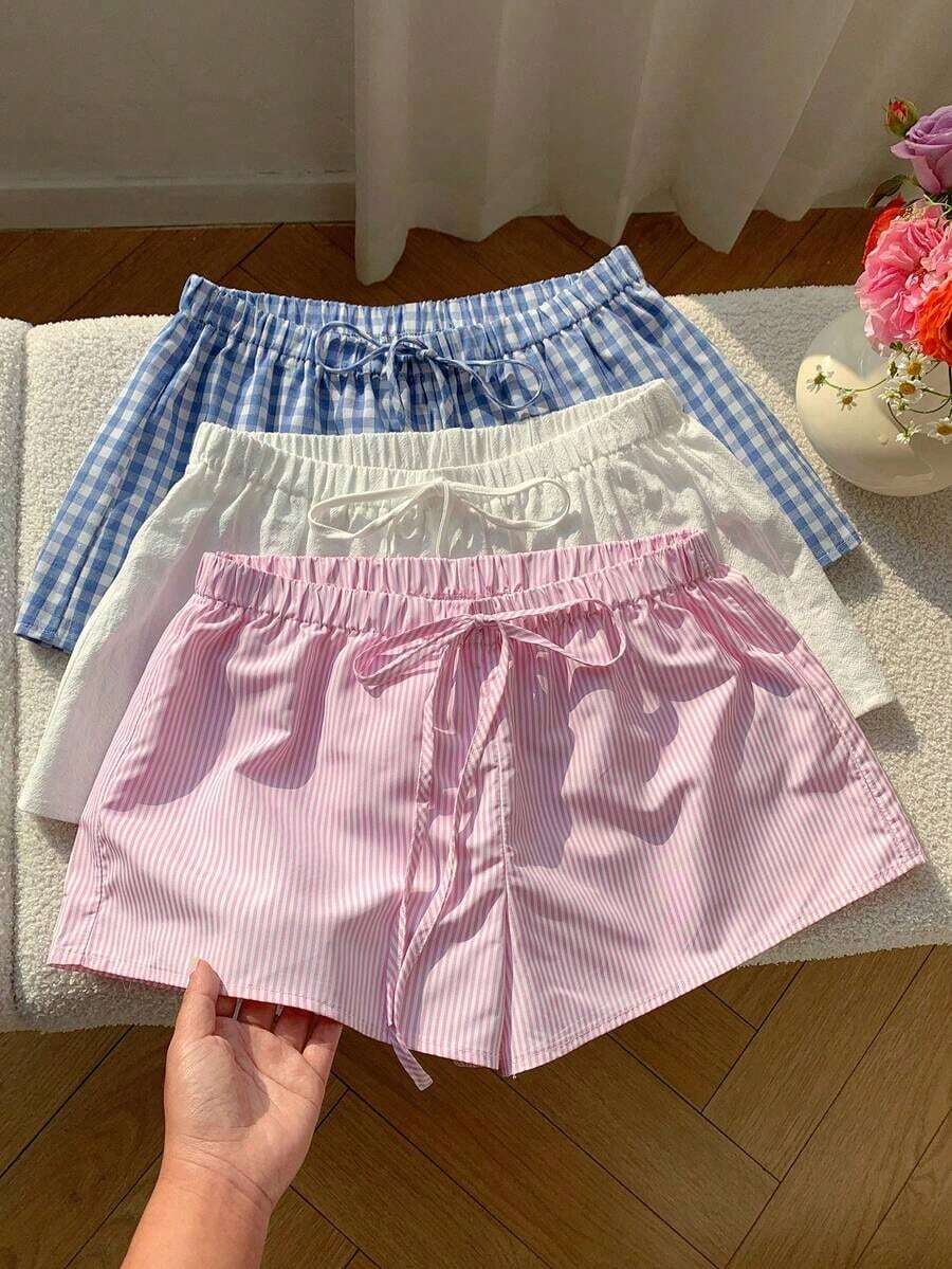 3 pantalones cortos sueltos y casuales con cintura de atar para mujer - Multicolor 8 - Ver 1