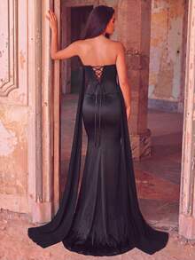 Faeriesty Đầm maxi satin đen thanh lịch dành cho nữ, thiết kế thắt eo và buộc dây phía sau - Thích hợp cho các dịp trang trọng, dạ hội, lễ tốt nghiệp, thảm đỏ, tiệc sinh nhật và đám cưới. - màu đen - Xem 2