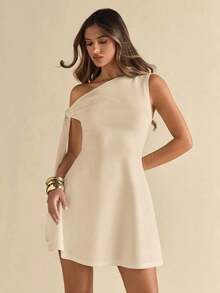 Falda asimétrica elegante de línea A con volantes en el bajo y detalle de lazo en el hombro en diseño ajustado negro para mujer - Albaricoque - Ver 5