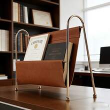Scandinavian Magazine Rack, Metal & PU Leather Spliced Organizer, Sleek Line Storage Holder For Magazines Files Newspapers Books, Multi-Purpose Decor For Study Office Desk - Multicolor - View 1
