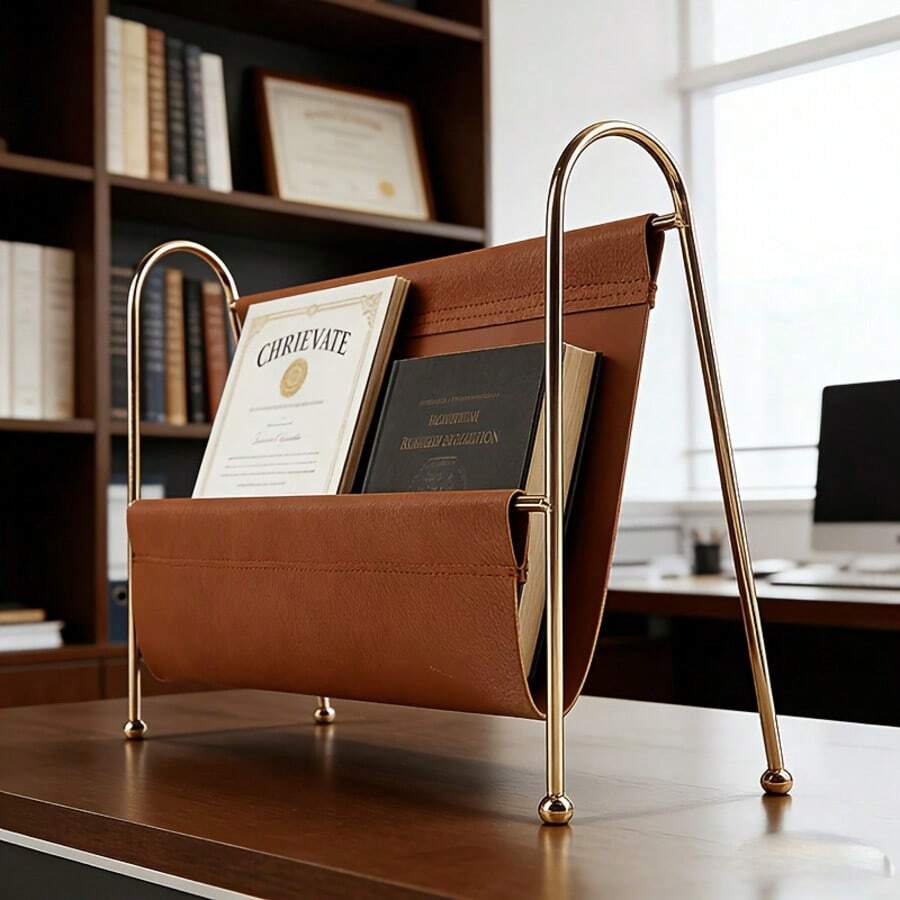 Scandinavian Magazine Rack, Metal & PU Leather Spliced Organizer, Sleek Line Storage Holder For Magazines Files Newspapers Books, Multi-Purpose Decor For Study Office Desk - Multicolor - View 1