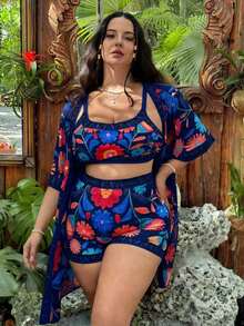 Swim Vcay Conjunto de 3 piezas de traje de baño de una pieza con diseño floral y cubre todo talla grande, ropa de playa casual de verano - Multicolor - Ver 1