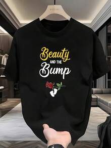 Fun Pregnancy Announcement Camisole For Women - Ideal For Gender Reveal Party, Printed With The Slogan "Beauty And Pregnant Belly", Black Background With Yellow Letters And Red Rose Pattern, Made Of 100% Breathable Fabric, Lightweight And Loose, Especially Breathable And Comfortable. - 黑色 - 查看 1