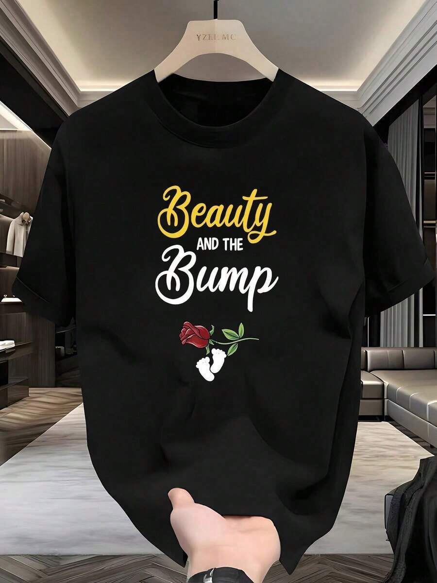 Fun Pregnancy Announcement Camisole For Women - Ideal For Gender Reveal Party, Printed With The Slogan "Beauty And Pregnant Belly", Black Background With Yellow Letters And Red Rose Pattern, Made Of 100% Breathable Fabric, Lightweight And Loose, Especially Breathable And Comfortable. - 黑色 - 查看 1