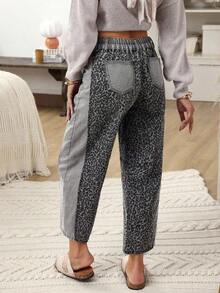 Jeans casuales de ajuste holgado con parches de estampado de leopardo, bolsillos y presillas para cinturón para mujer - Café integral - Ver 8