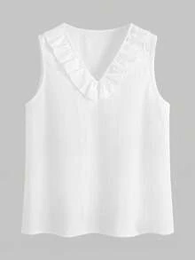 Women's V-Neck Solid Color Pullover Blouse Shirt, Fashionable Versatile Ruffle Hem Camisole Top For All Seasons White Summer - White - View 2