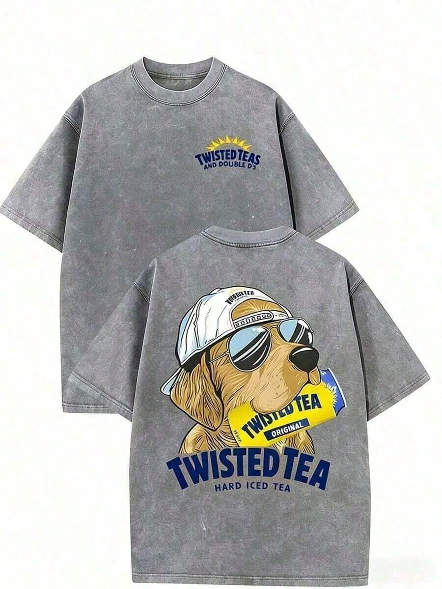 Twisted Tea T-Shirt, 230 G/M² Thick Cotton T-Shirt, Unisex Urban Retro Style T-Shirt, Casual Outdoor Wear, Machine Washable, Perfect Gift For Men And Women, Graphic T-Shirts For Women, Summer Clothes For Women - 灰色 - 查看 1
