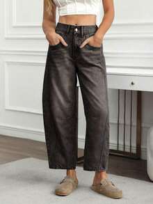 Jeans informales desgastados y desgastados, con ajuste de novio para mujer - Negro - Ver 3