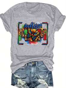 Camiseta de talla grande con estampado de madre autista, top casual de manga corta y cuello redondo para primavera y verano, ropa de talla grande para mujer. - Gris Claro - Ver 4