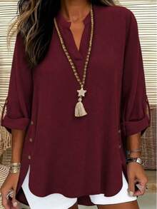 Women's Aerobin Blouse With Truvakar Sleeves, Mandarin Collar, And Side Button Detail - Burgundy - View 3