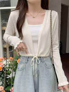 Áo khoác cardigan dài tay màu trắng mới mùa hè, kiểu dáng gợi cảm, thắt dây eo, chống nắng, chất liệu dệt kim, thanh lịch, nữ tính, đa năng, phù hợp đi làm, đi biển, dự tiệc, hẹn hò, đám cưới, đi học. - Màu be - Xem 3