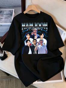 2026 T-Shirt, BTS21 Namjoon Est. Graphic T-Shirt Blue Lightning 1994, Oversized K-Pop Idol T-Shirt, Black Cotton Casual Top, Retro Bootleg Style K-Pop Idol Oversized T-Shirt, Vintage Graphic Print T-Shirt, Short Sleeve Casual Top, Fan Merchandise, Black Streetwear T-Shirt For Fans, Vintage Graphic K-Pop Star T-Shirt, Short Sleeve Oversized T-Shirt With Retro Letter Print, Black Crew Neck Casual Top, Streetwear Style Idol Fan Gift, Comfortable Loose Fit Cotton Blend T-Shirt For Women And Men. - Black - View 1