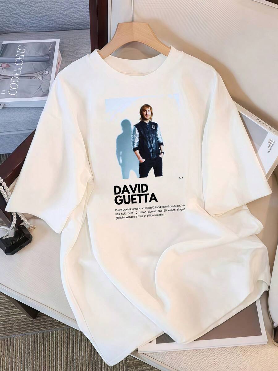 2026 T-Shirt, David Guetta Portrait Graphic T-Shirt, Oversized Casual T-Shirt For EDM Fans, Retro Bootleg Style K-Pop Idol Oversized T-Shirt, Vintage Graphic Print T-Shirt, Short Sleeve Casual Top, K-Pop Fan Merchandise, Black Streetwear T-Shirt For Fans, Vintage K-Pop Star Graphic T-Shirt, Short Sleeve Oversized T-Shirt With Retro Letter Print, Black Casual Crew Neck Top, Gift For Streetwear Style Idol Fans, Comfortable Loose Fit Cotton Blend T-Shirt For Women And Men. - White - View 1