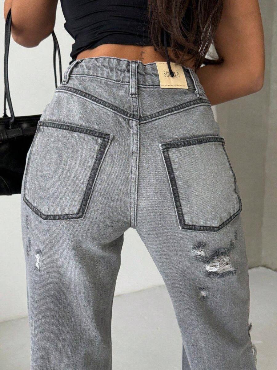 SQUALO Women's Blue Washed, Ripped, And Distressed Effect Jeans Street Style - Light Grey - View 1