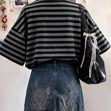 Striped Digital Print Casual Plus Size Women Long Round Neck Drop Shoulder T-Shirt, Gift For Friends - Multicolor - Ver 3