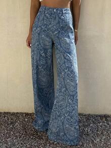 Jeans de mezclilla con flores de anacardo casual para mujer, conjunto de ropa de otoño de estilo bohemio para vacaciones - Azul lavado oscuro - Ver 7