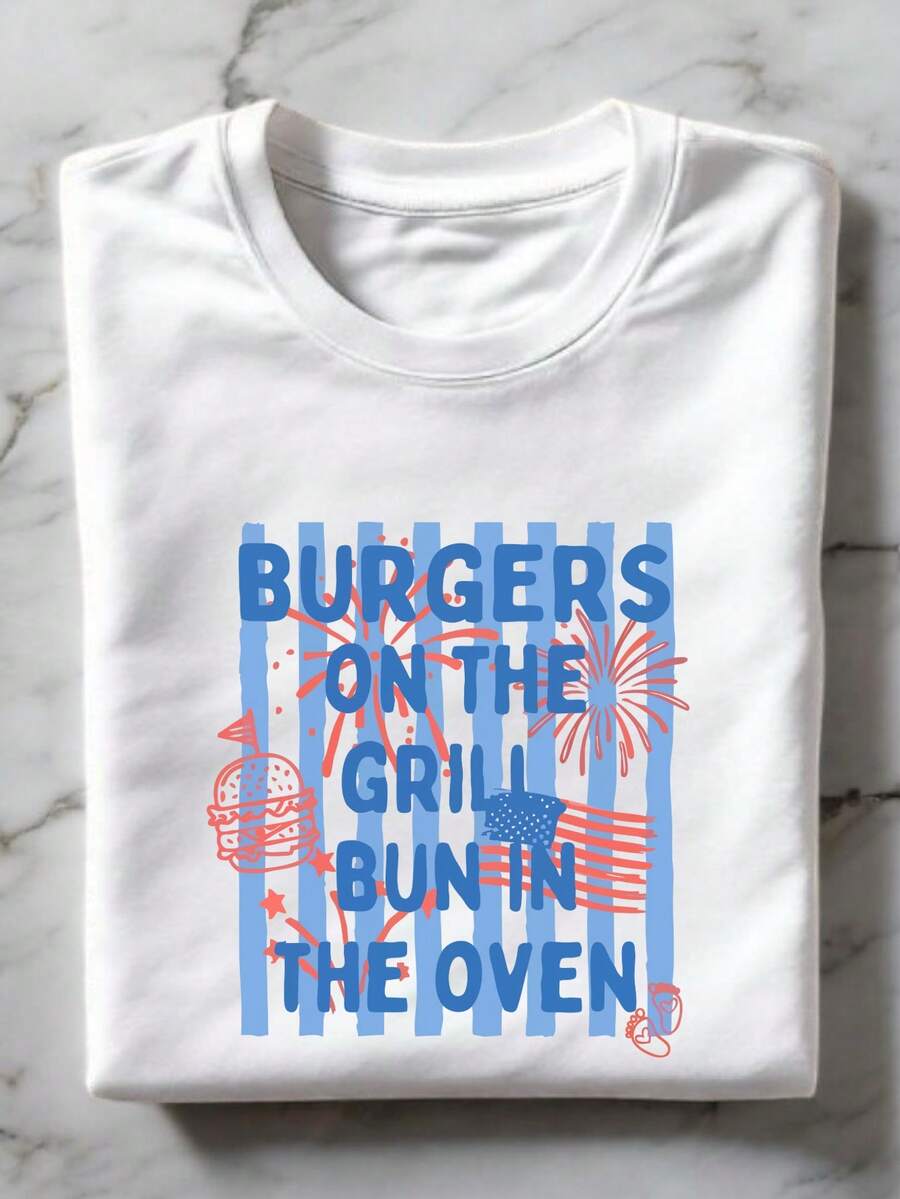 4th Of July Pregnancy T-Shirt, Burgers On The Grill Bun In Oven Shirt, Patriotic Baby Reveal Tee, Independence Day Maternity Gift, Patriotic Mom Shirts TF3408 - 白色 - 查看 1