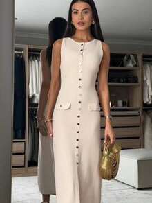 Vestido de punto ajustado sin mangas de cuello redondo de nueva colección - Albaricoque - Ver 3