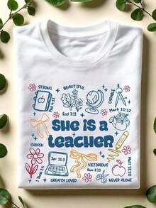 1 camiseta "Ella Es Maestra", Camiseta de Maestra Cristiana, Camiseta de Maestra Estilo Preppy, Manga Corta con Versículo Bíblico, Regalo de Agradecimiento para Maestros, Ropa para la Vida de Maestro. CL-573180g 100% Algodón - Blanco - Ver 1