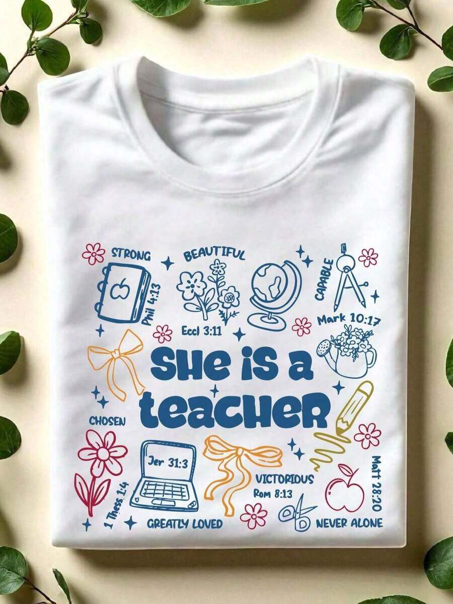 1 camiseta "Ella Es Maestra", Camiseta de Maestra Cristiana, Camiseta de Maestra Estilo Preppy, Manga Corta con Versículo Bíblico, Regalo de Agradecimiento para Maestros, Ropa para la Vida de Maestro. CL-573180g 100% Algodón - Blanco - Ver 1