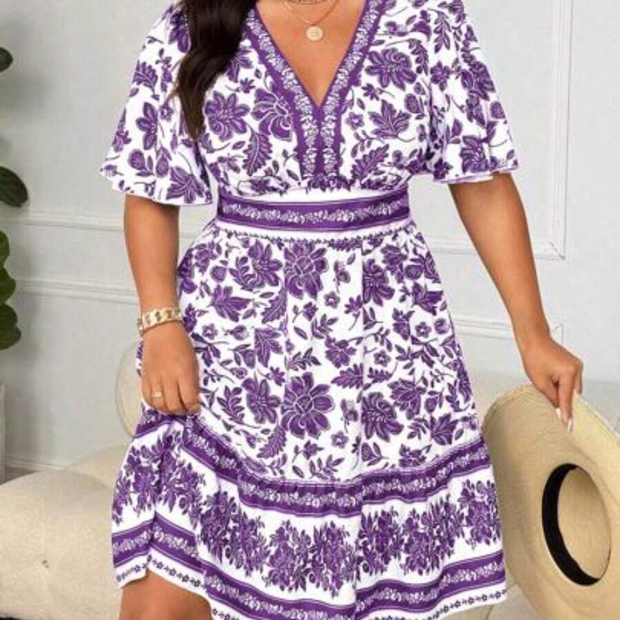 Holidaya Plus Size Women V-Neck Retro Print Casual Dress Curvy Summer Dresses Plus Size Floral Dress Plus Size Vacation Dress Women Summer Dresses Plus - Morado - Ver 1