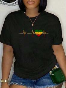 Camisetas de Verano 100% Algodón, Camisetas con Estampado de Reggae, Latidos del Corazón, EKG, Pulso, Música Reggae, Corazón de Jamaica, Camisetas de Cuello Redondo Suaves y Cómodas, Tallas Grandes para Hombre y Mujer, Camisetas Holgadas y Cómodas, Ropa de Verano, Conjuntos de Verano para Mujer, Conjuntos de Primavera para Mujer - Negro - Ver 1