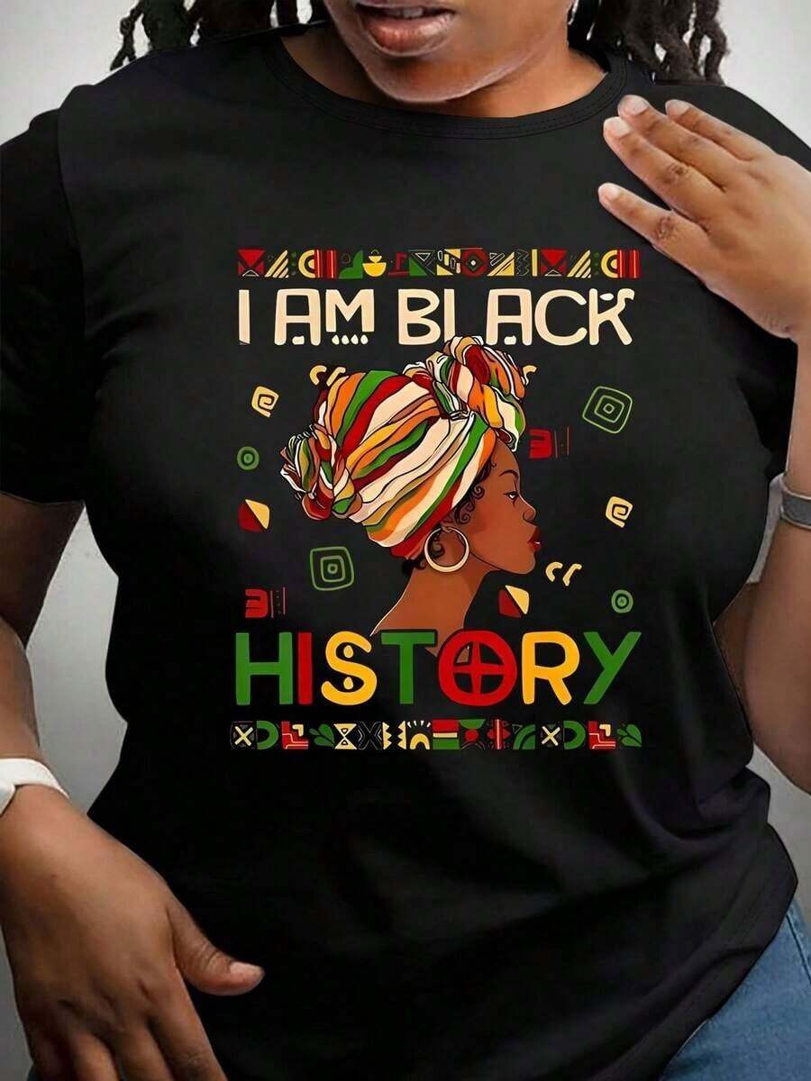 1 camiseta negra con estampado de mujer africana, cuello redondo, de algodón casual, tejido de punto de elasticidad media, corte regular para mujeres, ideal para primavera/verano/otoño, Mes de la Historia Negra, Juneteenth, Día de  Luther King Jr. - Negro - Ver 1