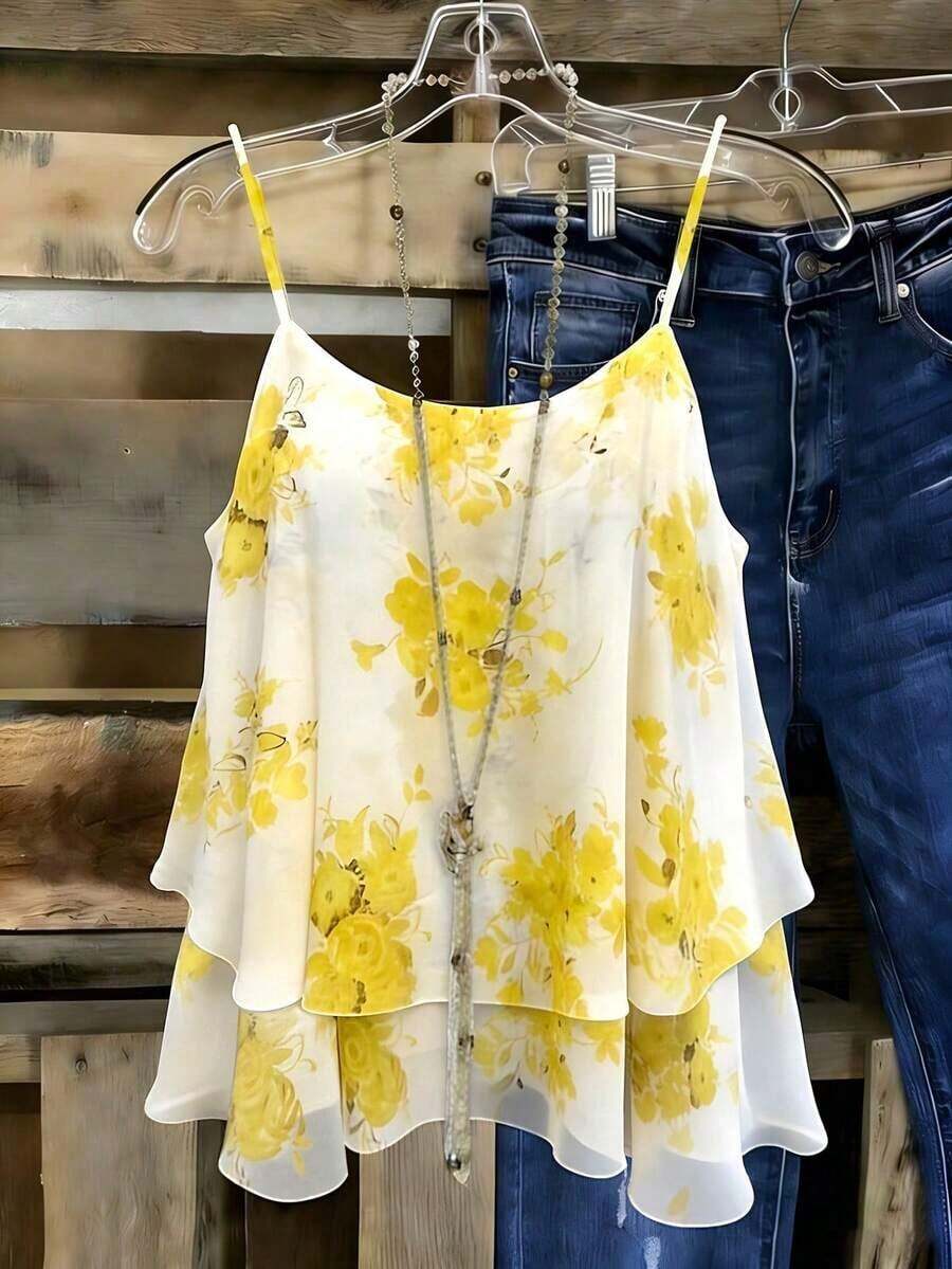 Conjunto de verano de mujer con top estampado y tejido, nueva blusa de verano - Amarillo - Ver 1