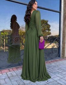 Long Dress For Graduation, Party, Wedding, Evening, Bridesmaid With Sparkle - Màu xanh Ô liu - Xem 2