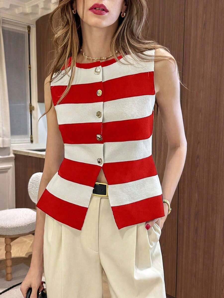 Ajuste casual de vacaciones, conjunto de primavera de ajuste delgado, blusa de verano, blusa elegante blanca para mujer, conjunto de oficina para mujer, cárdigan sin mangas con cuello redondo y ribete blanco y negro, blusa de punto para mujer.Blusas de chaleco para mujer, ropa de trabajo para mujer de oficina - Rojo y blanco - Ver 1