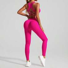 2-Piece Seamless Back Yoga Suit Set, Sports Underwear Women's High Waist Peach Hip Fitness Yoga Pants - Áo ngực hở lưng và quần yoga màu đỏ hồng tuyệt đẹp. - Xem 1