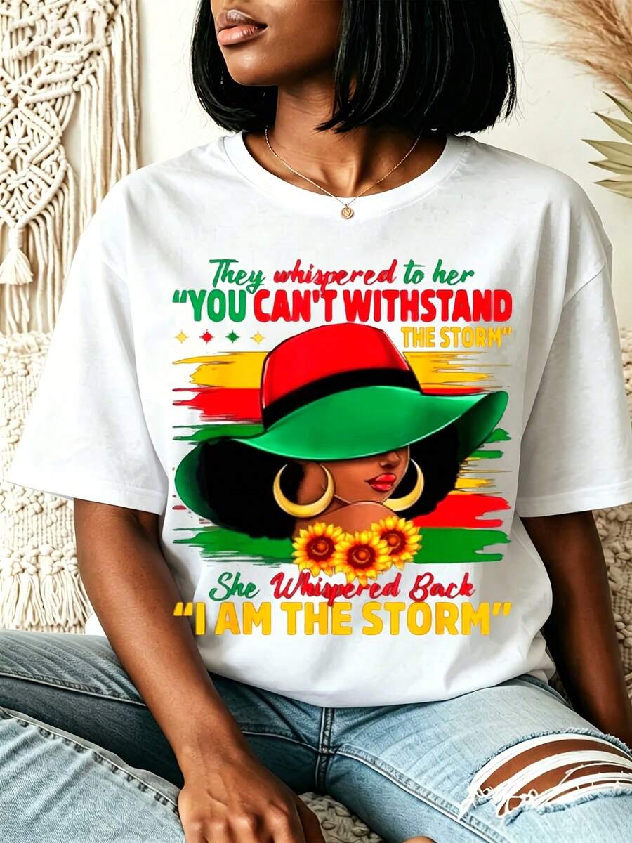 Juneteenth Celebration Outfits 2026 Women's Storm Woman Power Comfortable Crew Neck Short Sleeve Casual T-Shirt, Machine Washable,Afro Art Painted Flag Since 1865 Freedom Day Casual Summer Top,,Comfortable And Well-Fitting Casual And Statement-Making Clothing,Suitable For Juneteenth Parades,Cultural Events, And Everyday Wear. - 白色 - 查看 1