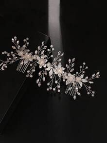 1pc Flower & Leaf Decor Crystal Hair Comb,Festival,Birthday - Silver - View 4