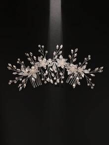 1pc Flower & Leaf Decor Crystal Hair Comb,Festival,Birthday - Silver - View 2