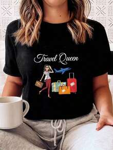 1 Pieza de Camiseta Casual de Moda para Hombres y Mujeres, Camiseta de Mujer con Estampado Travel Queen, Camiseta de Verano para Mujer, Moderna, Casual, Cómoda, Suave, Deportiva y para Fitness, Transpirable, de Cuello Redondo y Manga Corta, Versátil, fácil de combinar, adecuada para uso diario, estilo urbano, ropa de vacaciones, ropa de fin de semana. - Negro - Ver 2