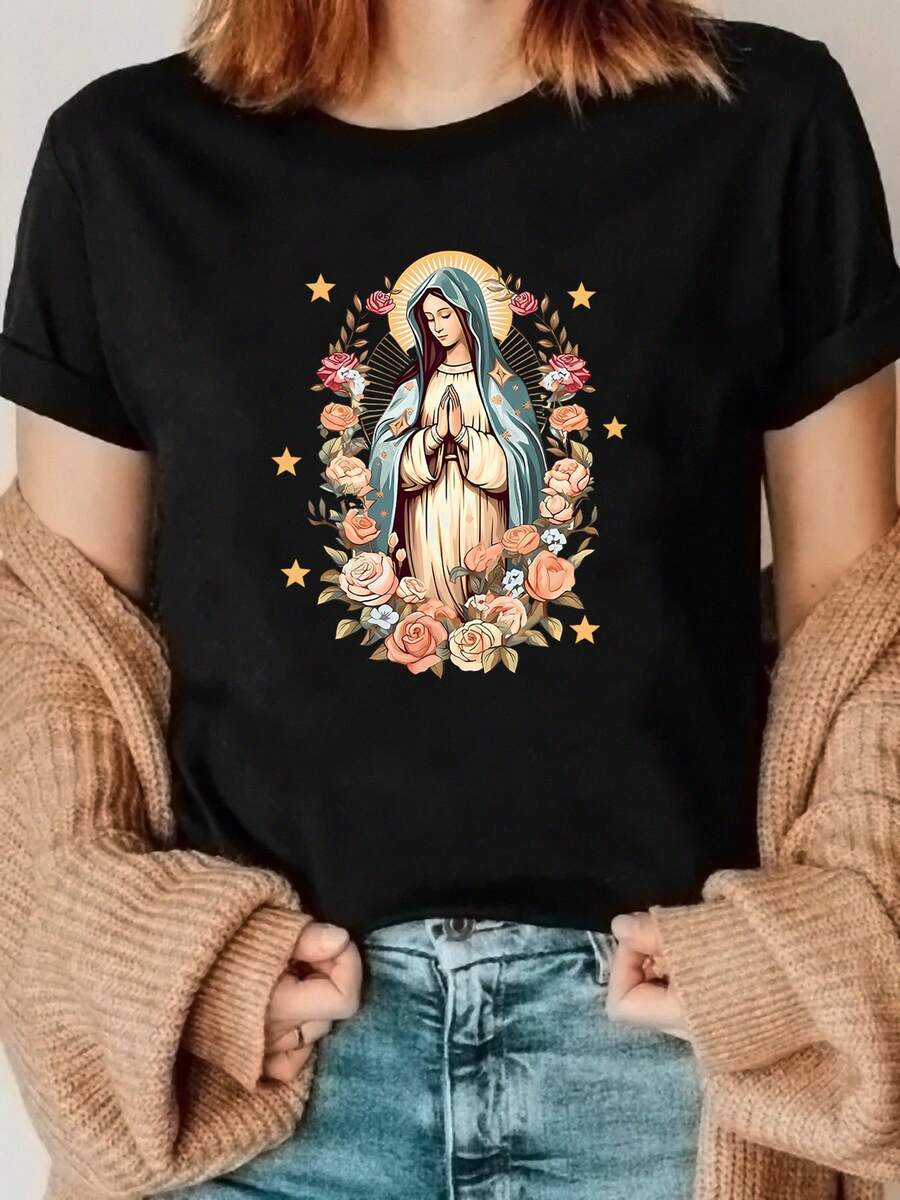 Women's T-Shirt With Virgin Mary And Flower Print - Soft And Elastic Round Neck, Casual Short Sleeve Top For Spring Summer, Comfortable Breathable Shirt For All Seasons, Vibrant Graphic Blouse, Relaxed Fit, Modern Tops, Christian Belief Print, Pure Cotton, Soft And Breathable, For Daily Wear Or At Church, Ideal For Believers And Gifts, T-Shirt With Bible Verse Print And Jesus Memorial Design, Limited Edition For Religious Festivals - 黑色 - 查看 1