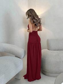 Elegante vestido largo y sexy con escote en V profundo, cuello halter, abertura alta y corte evasé, vestido largo y sexy color negro - Burdeos - Ver 2
