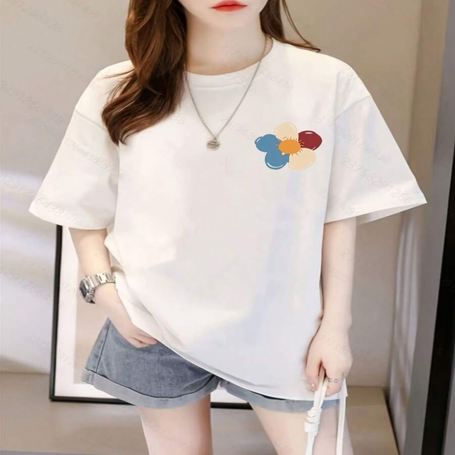Women's Casual Cotton Round Neck Short Sleeve T-Shirt with Lovely Flower Print Regular Length - Blanco - Ver 1