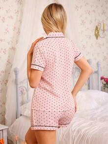 2pcs Mini Polka Dot Print Women's Summer Contrast Trim Collar Button Short Sleeve Top And Bow Shorts Pajama Set Suitable For Home Use - Pink - View 2