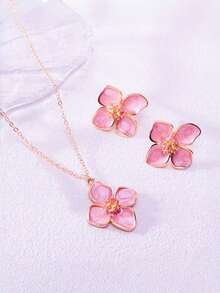 1 Necklace, 1 Pair Of Earrings, A Colorful Enamel Four-Petal Flower Pendant, A Sweet And Fashionable Ladies' Jewelry Set, Suitable For Daily Wear - Set - View 4