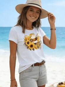 Women's Short-Sleeved Cotton T-Shirt With Sunflower And Flower Graphic Print, Ideal For Holidays, Casual Style, Round Neck, Women's Clothing. - 白色 - 查看 3