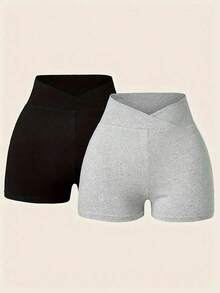 Pantalones cortos ajustados de unicolor y cintura superpuesta casuales para mujer, verano - Multicolor 2 - Ver 1
