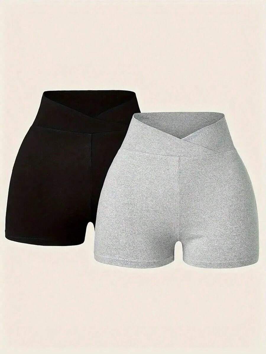 Pantalones cortos ajustados de unicolor y cintura superpuesta casuales para mujer, verano - Multicolor 2 - Ver 1