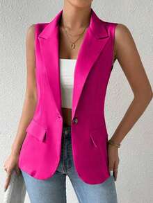 Blazer sin mangas de estilo elegante de color verde oliva para mujer, chaleco casual con solapa y botón en tela tejida lisa, corte regular - Rosa Fucsia - Ver 6