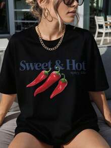 Camiseta Holgada de Talla Grande Wo's con Estampado de Pimientos y Eslogan Picante - Manga Corta, Cuello Redondo, Estilo Casual y para Fiestas - Diseño de Pimientos Rojos y Negros - Ropa Casual Cómoda para Todas las Temporadas (Tema Español/Italiano/Mexicano) Camiseta Básica de Manga Corta Wo's - Talla Estándar - Camiseta Casual para el Verano - Negro - Ver 7