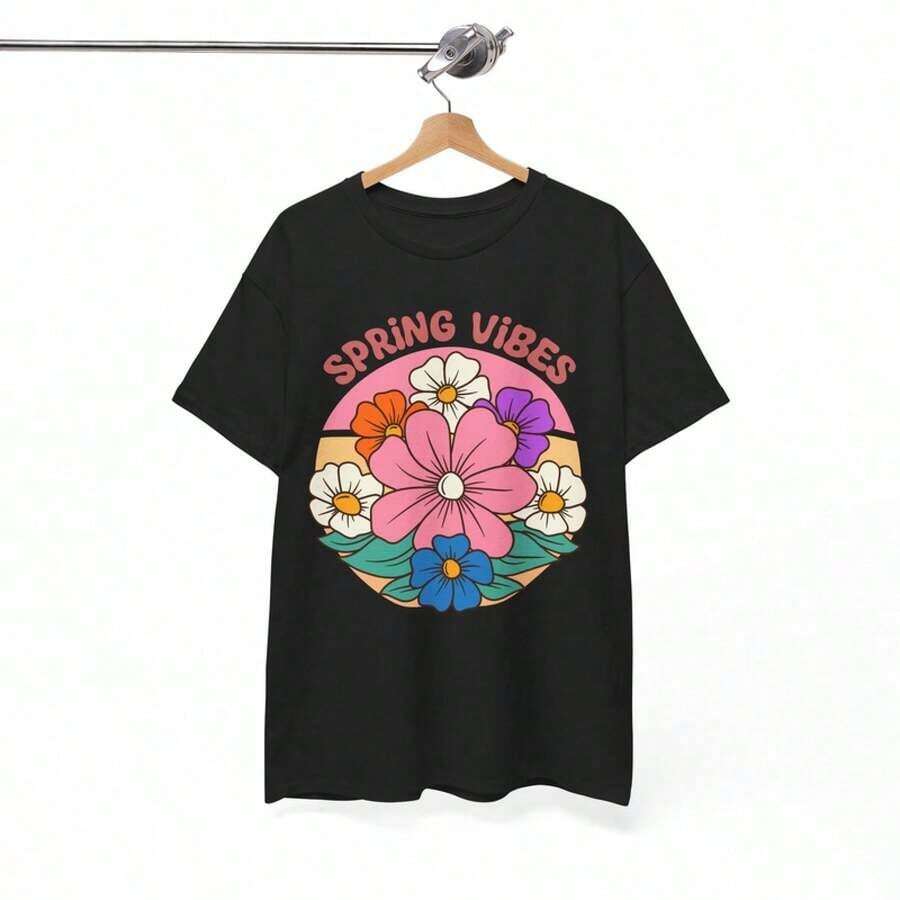 Camisetas PT de alta calidad, Camiseta Spring Vibes | Camiseta Alegre de Primavera | Camisetas Happy Season & Floral Delight, Artículos Versátiles Unisex - Negro - Ver 1