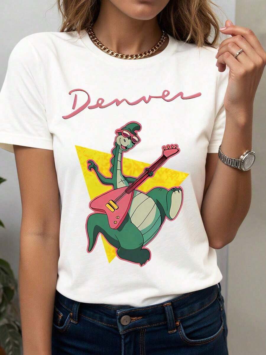Women's White Short Sleeve Round Neck T Shirt With Denver Dinosaur Graphic Print High Stretch Regular Length Top Casual Ropa deportiva estilo Y2K, cuello redondo, 100% algodón, tejido suave, manga corta. - Blanco - Ver 1