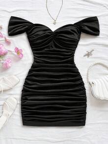 Vestido mini ajustado de punto rojo con hombros descubiertos para mujer, diseño con espalda calada, adecuado para vacaciones, citas, té de la tarde, temporada de bodas, playa, crucero, vacaciones en la ciudad, vacaciones bohemias, festivales de - Negro - Ver 5